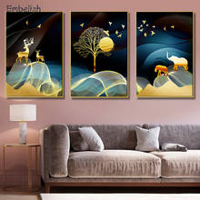 Imágenes de arte de pared de paisaje de estilo nórdico para sala de estar, animales dorados, elefantes y Deers, decoración del hogar, póster HD, lienzo, pintura al óleo 2024 - compra barato