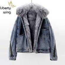 Inverno moda feminina coelho forro quente real gola de pele de raposa denim jaqueta casual parka feminino casaco jeans 2024 - compre barato