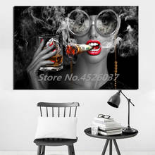 Sexy Red Lips Woman Burning Money Smoking Clouds Canvas Painting Oil Print Poster Wall Art Picture For Living Room Home Decor 2024 - buy cheap