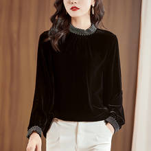 Camisa vintage de veludo feminina, camisa preta elegante com gola alta de manga comprida, blusas femininas soltas, outono inverno 2024 - compre barato