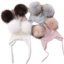 Children Ears Hats Boy Girl Double Fur Pom Pom Fashion Knitted Winter Caps Brand New High Quality Stocking Hat Skullies Bonnet 2024 - buy cheap