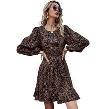 Женское шифоновое платье-трапеция с леопардовым принтом, длинным рукавом-фонариком и круглым вырезом 2024 - купить недорого