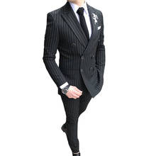 Double Breasted Slim Fit Black Stripe Men Suit Formal 2 Piece Business Tailor Made Men Suit Groom Wedding Tuxedo 2024 - buy cheap