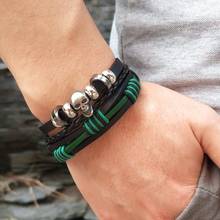 Pulsera de cuero de calavera multicapa para hombre, brazalete de cuerda trenzada hecha a mano, Retro, Punk, Vintage 2024 - compra barato