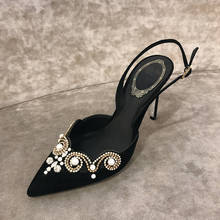 Sandalias de gladiador negras elegantes para Mujer, zapatos de tacón alto con punta puntiaguda, decoración de cristal, de marca 2024 - compra barato