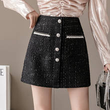 Saia de lã de cintura alta feminina, moda coreana misturas branca preta cintura alta primavera outono uma linha casual mini tweed orts mulheres c300 2024 - compre barato