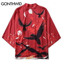 GONTHWID Ravens японский кардиган кимоно с принтом спереди, кимоно, рубашки, куртки, уличная одежда для мужчин, хип-хоп, Harajuku, летнее пальто, топы 2024 - купить недорого