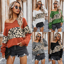 Модный женский вязаный свитер с леопардовым принтом на осень и зиму 2020, топы с длинным рукавом и v-образным вырезом, облегающий пуловер, повседневная одежда 2024 - купить недорого