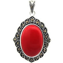 VINTAGE 925 STERLING SILVER RED CORAL  MARCASITE PENDANT 27x43MM 2024 - buy cheap