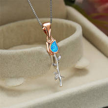Charm Female Blue Opal Pendant Necklace Korean Silver Color Leaf Necklaces For Women Wedding Rose Gold Flower Necklace 2024 - buy cheap