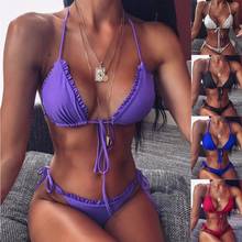 Bikini roxo com babados e alça, conjunto de roupa de banho feminina com bojo e sutiã de cor pura, novo 2020 2024 - compre barato