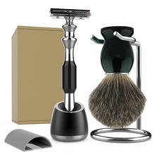 Conjunto de escova e lâmina de barbear, barbeador com cabo de madeira preto e suporte de barbeiro para barbear molhado 2024 - compre barato
