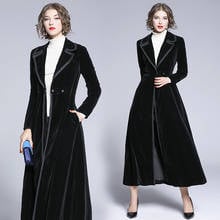 Casaco de veludo preto feminino 2019 outono inverno longo maxi trench coats único botão outerwear entalhado manga comprida windbreakers 2024 - compre barato