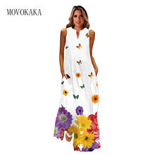 Movokaka vestido de verão, vestido branco, casual, plus size, estampa de borboleta, longo, sem mangas, praia, maxi vestido feminino 2024 - compre barato