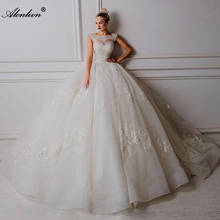 Alonlivn Arabic Luxury O-Neck Tulle Applique Sleeveless Princess Wedding Dress 2020 Elegant Lace Up Long Train Bridal Gowns 2024 - buy cheap