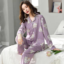 Conjunto de pijamas femininos de algodão, camisola e casaco de manga comprida com gola virada para baixo, roupa de dormir elegante solta plus size 2024 - compre barato