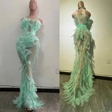 Nightclub Dress Green Feather Rhinestone Nude Clothes Female Singer Costume Celebrity Party Outfit Sexy See-Through Dress DB2165 2024 - buy cheap