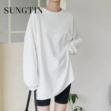 Sungtin Oversized White Solid Long Sleeve Woman Loose Split Basis T Shirts Korea O Neck Tops Vintage Black Elegant Female Spring 2024 - buy cheap