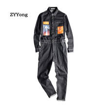 Men's Denim Jumpsuit Long Sleeve Patch Style Black Blue Overalls Hip Hop Streetwear Leisure Jeans Cargo Pants Freight Trousers 2024 - buy cheap