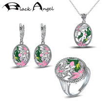 BLACK ANGEL Fashion Jewelry Set Handmade Colorful Enamel Flowers 925 Silver Sparkling CZ Ring Necklace Dangle Earrings for Women 2024 - buy cheap