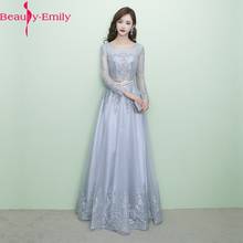 Beauty-Emily Charming O Neck Long Sleeve Evening Dresses Long Lace Beading Sequined Zipper Back Tulle Silver Party Gown 2024 - buy cheap