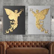 Arte de pared de lámina dorada de ala de Ángel, decoración del hogar, impresión en lienzo, pintura de estilo nórdico, imágenes modulares para marco de sala de estar, carteles 2024 - compra barato