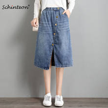 Schinteon saia jeans elástica cintura alta frente dividida a-alinhada botão jeans simples saia casual nova 2024 - compre barato