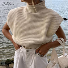 Women Fashion Cropped Knitted Sweater With Shoulder Pads Turtleneck Sleeveless Pullover Tops Solid Color Chic Jumpers 2021 New 2024 - buy cheap