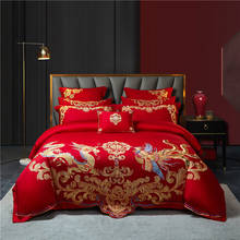 Juego de ropa de cama de algodón con bordado de flores rosas doradas en forma de corazón, ropa de cama de boda china roja, edredón/funda nórdica, Sábana de lino, fundas de almohada 2024 - compra barato