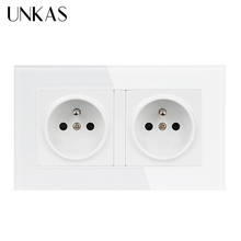 UNKAS 16A Double French Standard Wall Socket Crystal Glass Panel Power Outlet Grounded With Child Protective Door 146*86mm 2024 - buy cheap