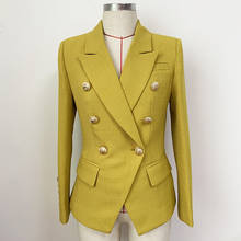 Alta qualidade mais novo 2021 clássico designer jaqueta feminina leão botões duplo breasted fino ajuste texturizado blazer cor mostarda 2024 - compre barato