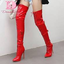 DoraTasia размера плюс 30-48 женские высокие сапоги выше колена с перекрестной шнуровкой и пряжкой на тонком высоком каблуке женские сапоги 2020 женская обувь 2024 - купить недорого