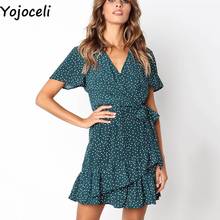 Yojoceli Elegant short ruffle polka dot dress women Summer elegant casual beach dress female Daily sashes bow dress vestidos 2024 - buy cheap