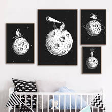 Astronaut Telescope Moon Black White Nordic Posters And Prints Wall Art Canvas Painting Cartoon Wall Pictures Kids Room Decor 2024 - buy cheap