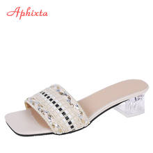 Aphixta chinelos de verão, mulheres 5cm, salto quadrado transparente, sandálias peep toe, sapatos plus size 44 45 2024 - compre barato