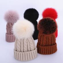 Boy Girl Cable Pattern Real Fox Fur Pom pom Knitted Beanies Cap Winter Child Women Thick Wool Warm Skullies Hat Gorros 2024 - buy cheap