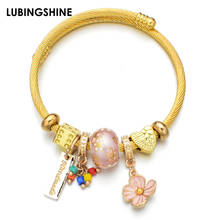 Exquisito colgante de cuentas de cerámica para mujer, brazalete de acero inoxidable, flor de esmalte, Color dorado, pulsera ajustable, joyería 2024 - compra barato