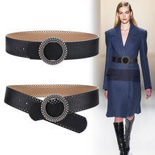 Cinturón de piel de vaca para mujer, abrigo ancho de lujo con hebilla circular, Cinturón de piel auténtica, color negro, rojo 2024 - compra barato