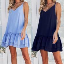 Women Fashion Summer Solid Color Loose Ruffle V Neck Sleeveless Mini Slip Dress Solid color combining ruffle design women dress 2024 - buy cheap