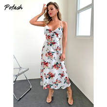 Pofash Floral Print Midi Dresses For Women Spaghetti Strap V Neck Lace Up Backless Summer Dress Sweet Slim Holiday Vestidos 2021 2024 - buy cheap