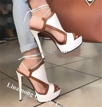 Linamong Fashion Peep Toe Brown White Patchwork High Platform Stiletto Heel Sandals Lace Cross-up High Heel Sandals Wedding Shoe 2024 - buy cheap
