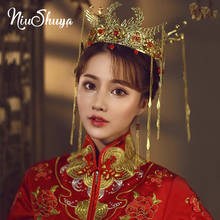 Niushuya acessórios de cabelo de casamento chinês, acessório de cabelo, ouro, vermelho, chapéu de noiva, retrô, fênix, coroa, clássico, cloro, joia de cabelo 2024 - compre barato