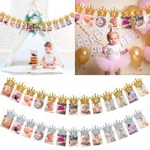 Bebê/crianças 1st aniversário banners/festa decoração glitter coroa mensal foto banner/quadro/suporte menino menina 1-12 meses garlandflag 2024 - compre barato