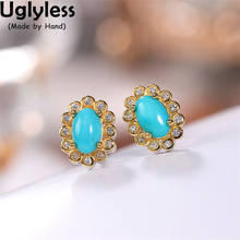 Uglyless High Porcelain Natural Turquoise Studs Earrings for Women Exotic Bohemian Brincos Crystals Floral 925 Silver Jewelry 2024 - buy cheap
