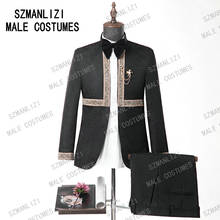 Costume Homme 2021 Formal Groom Men Dress Wedding Suits For Men Black Printed Floral Tuxedo Stand Collar Wedding Blazer Suits 2024 - buy cheap