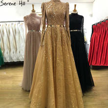 Serene Hill Gold  A-Line Luxury Beaded Evening Gown 2021 High-Neck Long Sleeves For Muslim Women Formal Party Dress CLA71141 2024 - buy cheap