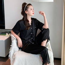 Lace Pajamas Set Women Short Sleeve Sleepwear Sleep Suit Robe Negligee Shirt Long Pants Sleepwear Spring Nightsuits Home Clothes 2024 - compre barato