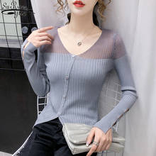 Suéter coreano con cuello en V para mujer, suéter de lana de manga larga para oficina, protector solar hueco, cárdigan delgado para mujer 2021 2024 - compra barato