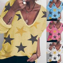 Solid Color Women Star Print Long Sleeve V-neck Loose T-shirt Pullover Tops 2024 - buy cheap