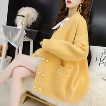 Casaco cardigan feminino amarelo de malha para outono e inverno, blusa feminina de manga comprida solta e grande, 2020 2024 - compre barato